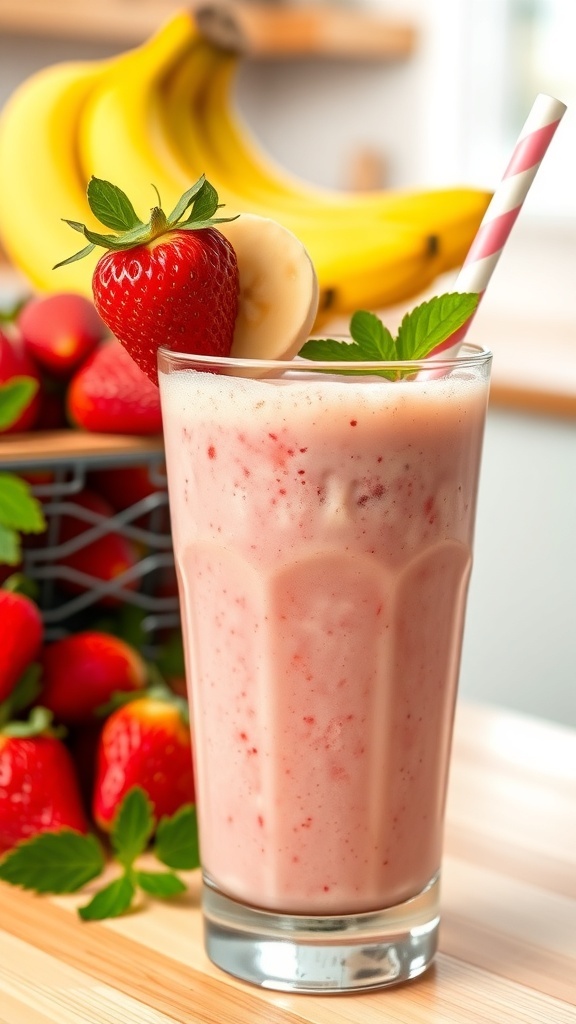 A refreshing strawberry banana smoothie in a glass, garnished with a strawberry and banana slice.
